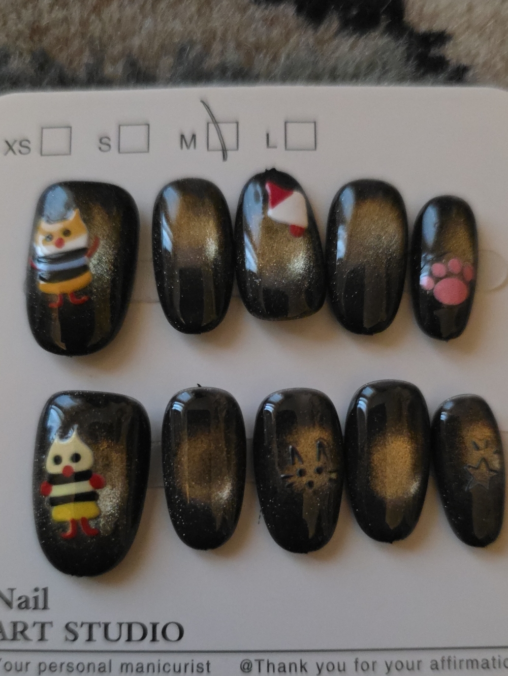 Glitter Press-On Nails with Cute Cat & Paw Accents Size Med